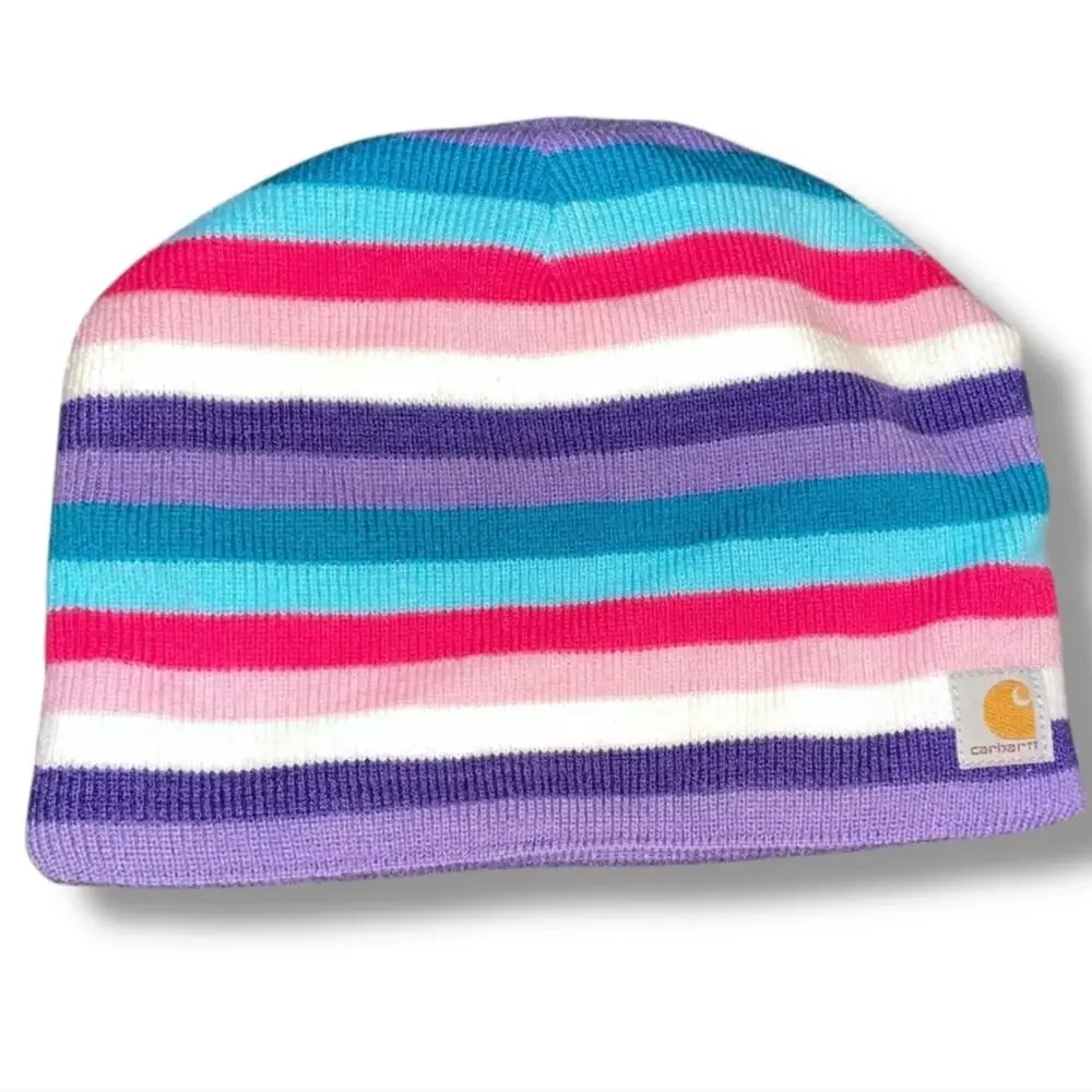 Carhartt Kids Youth Beanie Hat Striped Pink Purple Fleece Lined Winter CB8966